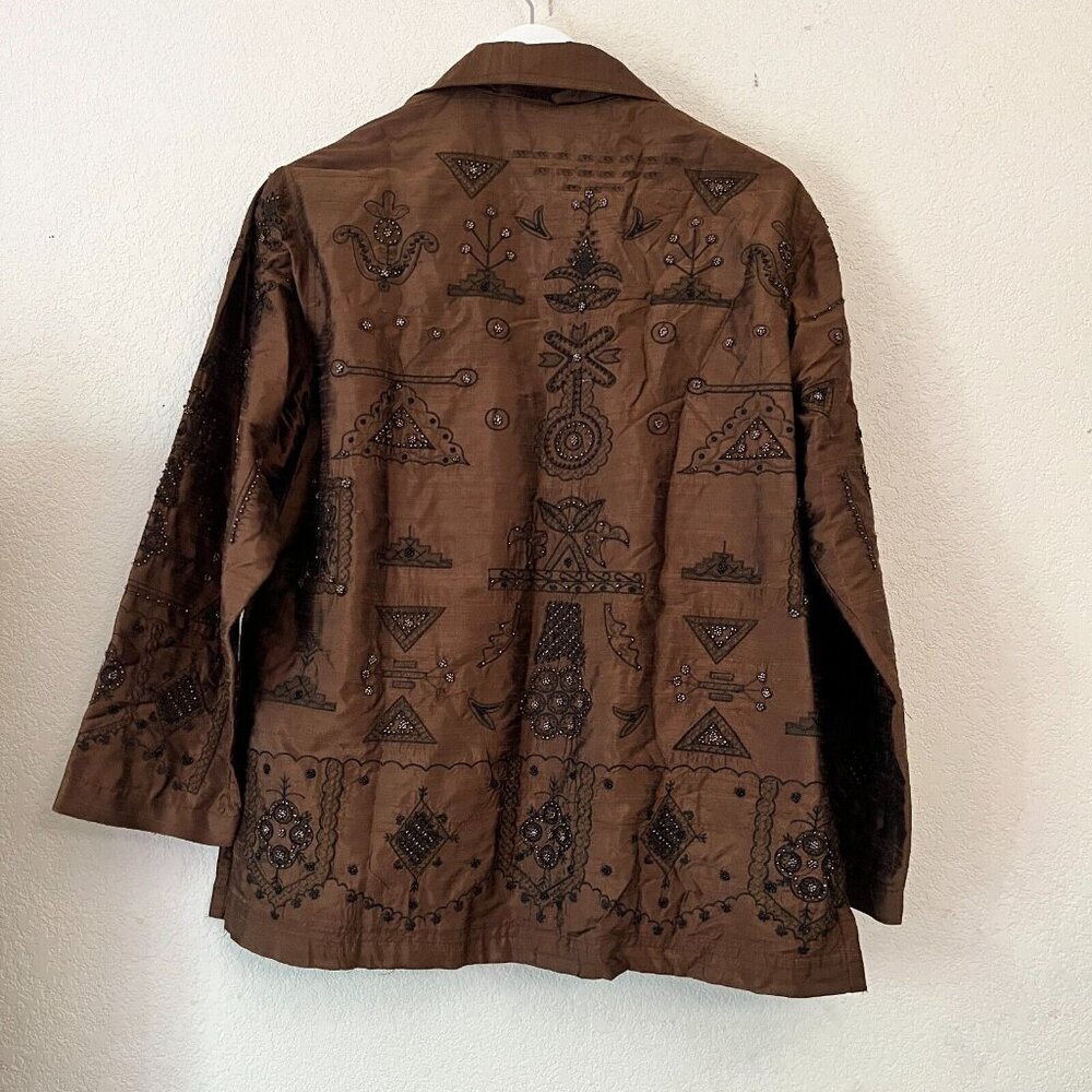 Chico's Design Womens Size 1 Silk Jacket Beaded Embroidered Bronze Shimmer Brown - Picture 2 of 8